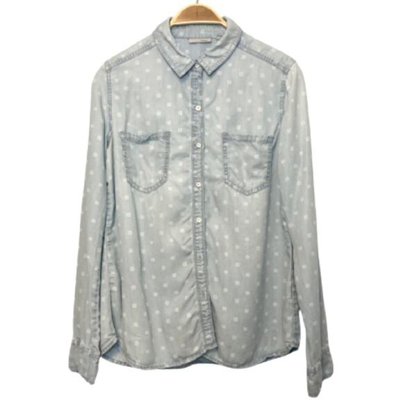 Halogen Tencel Lyocell Soft Denim Button Up Double Breasted Pockets Shirt Top - Picture 1 of 8